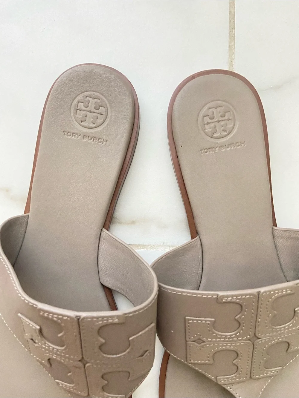 Tory Burch Beige Leather Logo Thong Sandals